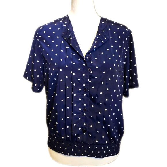 Alfred Dunner Petite Navy Blue & White Polka Dot Short Slv Blouse, 8P - Picture 1 of 9